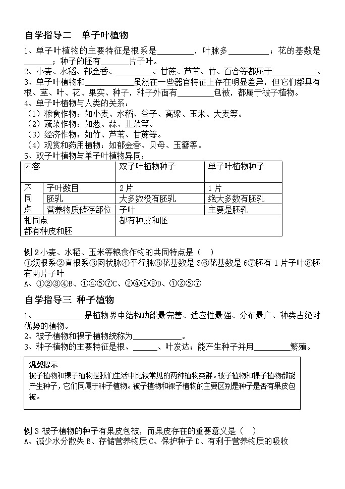 冀少版七上生物 3.6被子植物 单子叶植物 导学案02