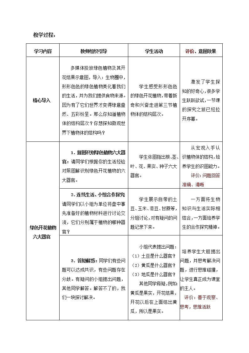 鲁科五四学制版六年级生物上册第二单元第三章《第三节 植物体的结构层次》教学设计 (1)第2页