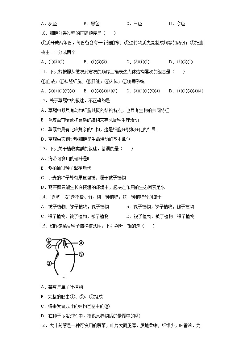 湖南省衡阳市衡山县2021-2022学年七年级上学期期末生物试题(word版含答案)02
