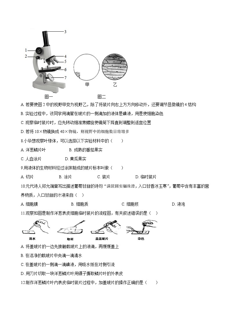 2.1.2+植物细胞 人教版生物七年级上册同步检测卷02