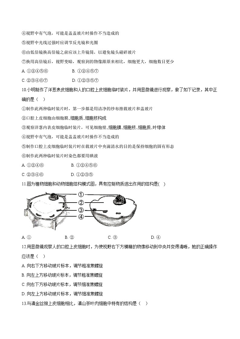 2.1.3+动物细胞 人教版生物七年级上册同步检测卷03