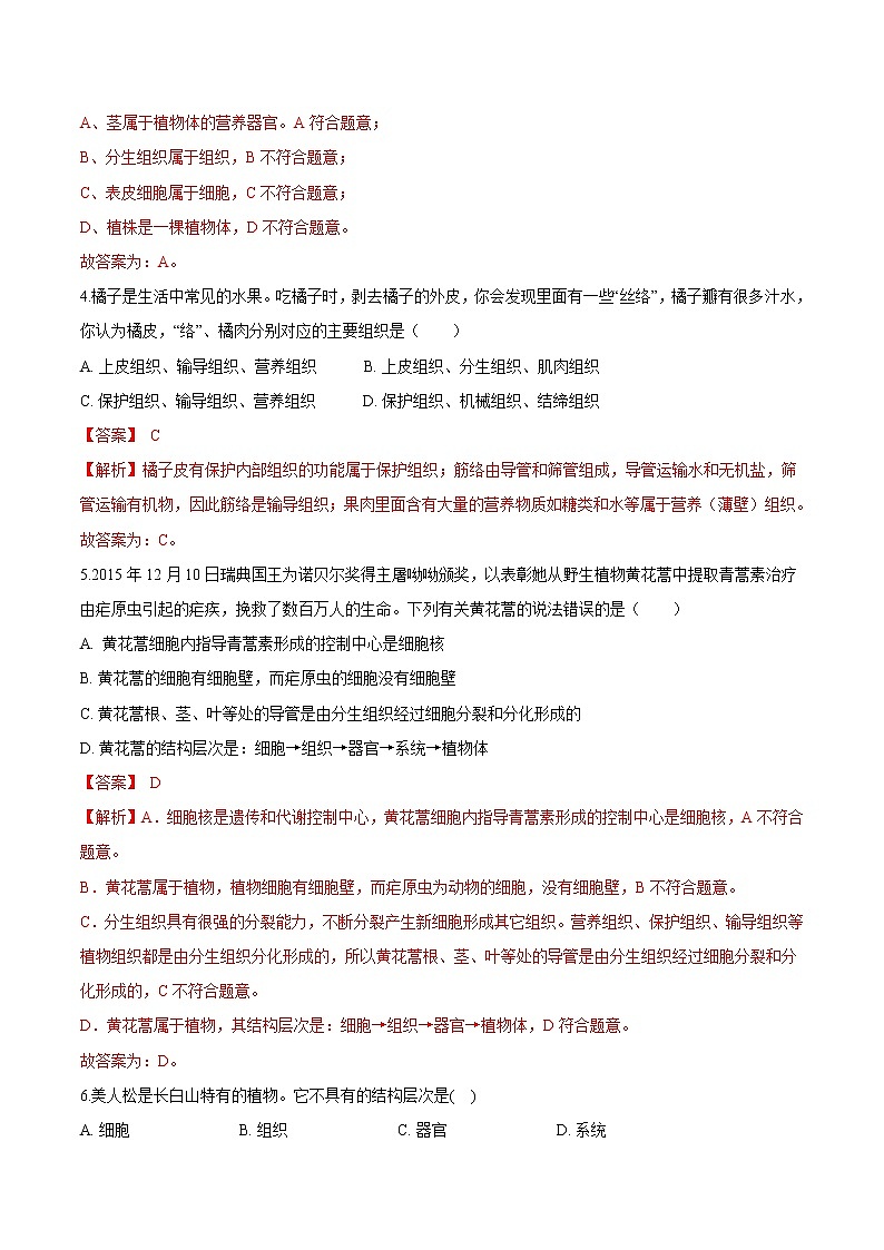 2.2.3+植物体的结构层次 人教版生物七年级上册同步检测卷02