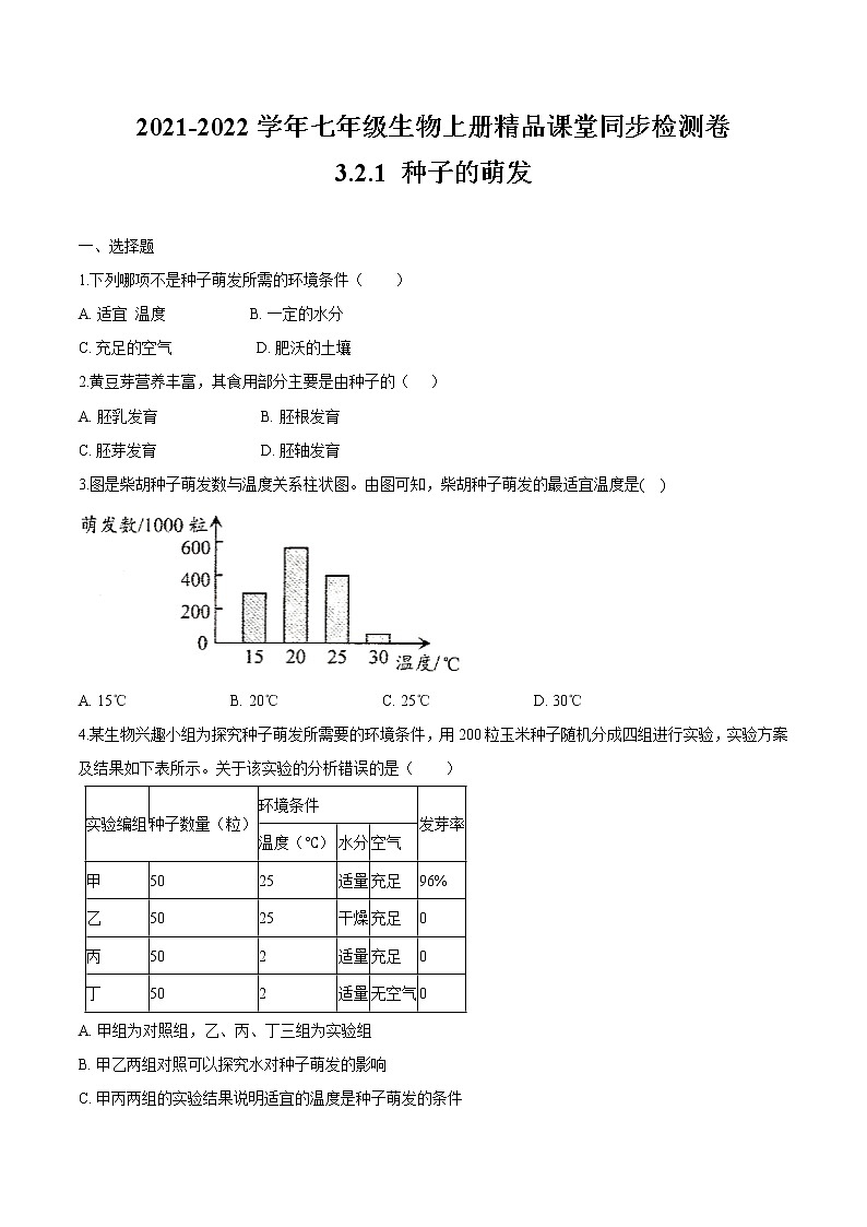 3.2.1+种子的萌发 人教版生物七年级上册同步检测卷01