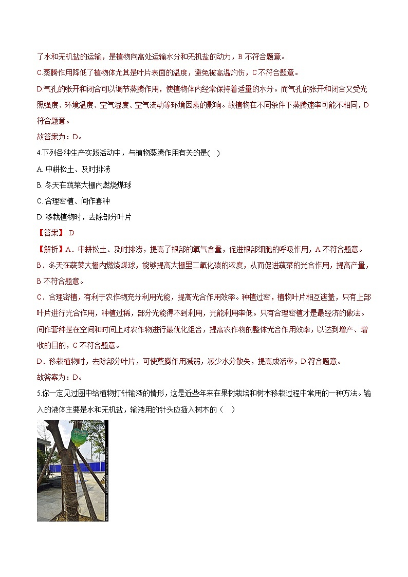 3.3+绿色植物与生物圈的水循环 人教版生物七年级上册同步检测卷02