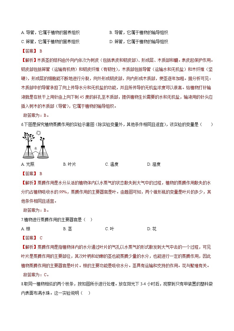 3.3+绿色植物与生物圈的水循环 人教版生物七年级上册同步检测卷03