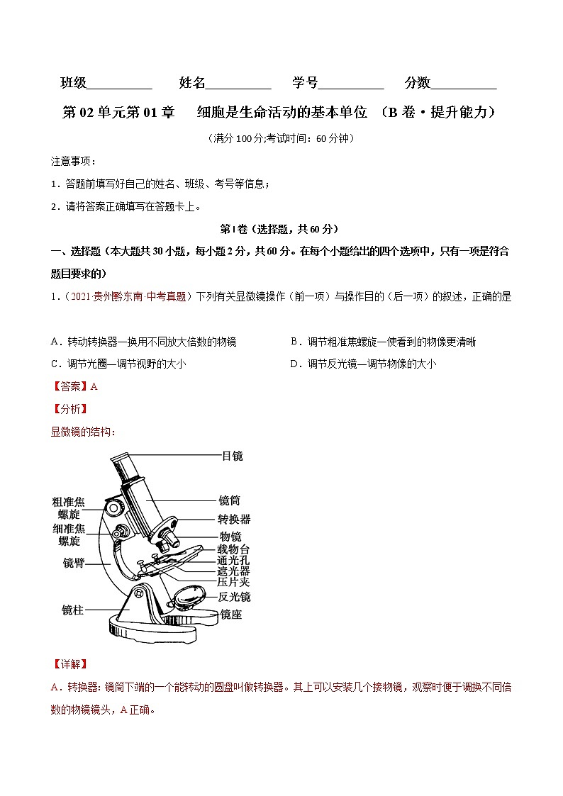 第02单元第01章   细胞是生命活动的基本单位单元测试（B卷·提升能力）（解析版）第1页