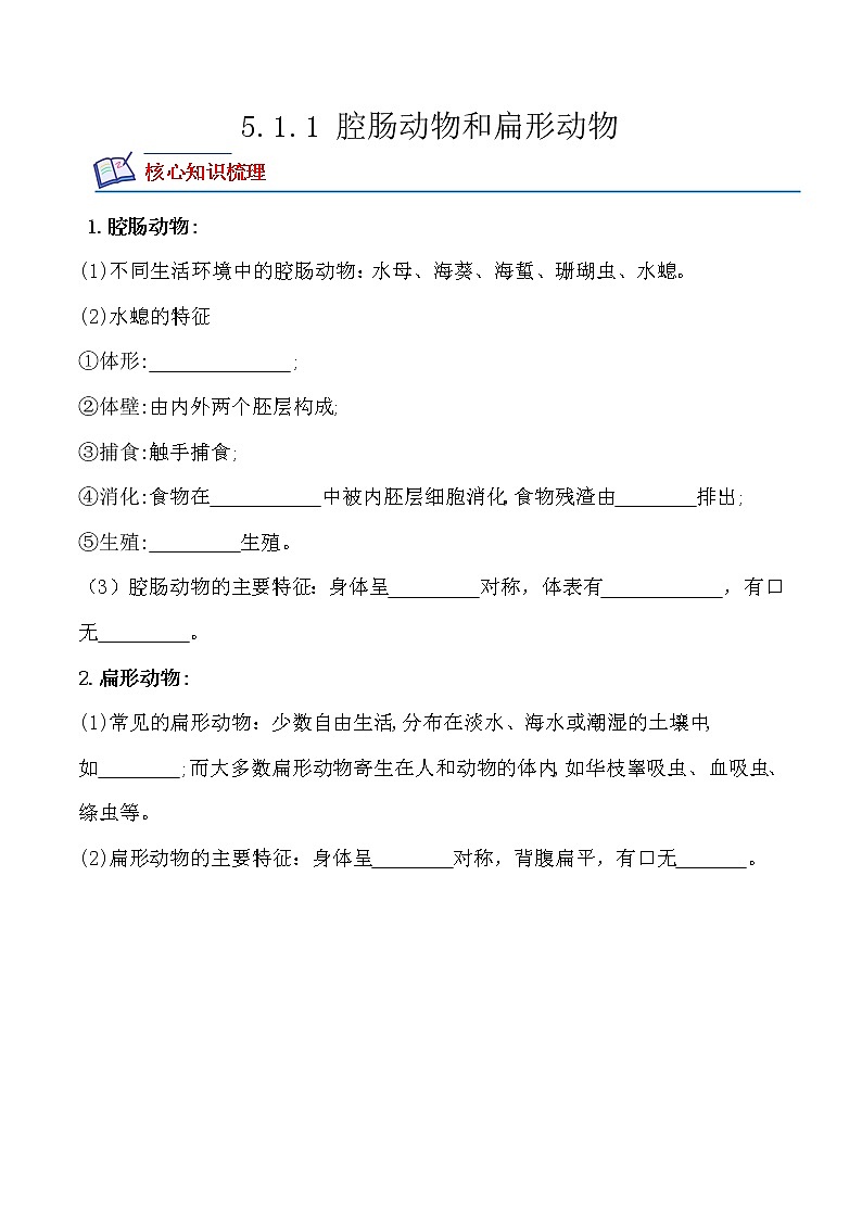 5.1.1腔肠动物和扁形动物-2022-2023学年八年级生物上册课后培优分级练（人教版）01