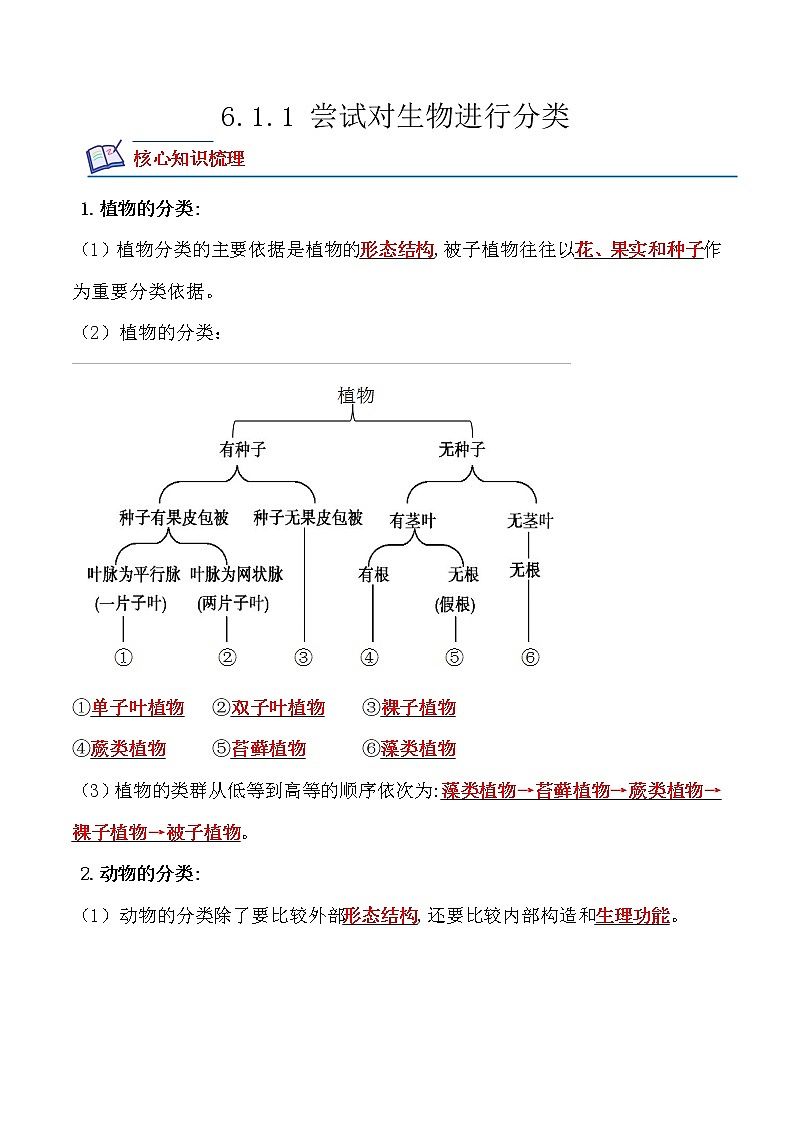 6.1.1尝试对生物进行分类-2022-2023学年八年级生物上册课后培优分级练（人教版）01