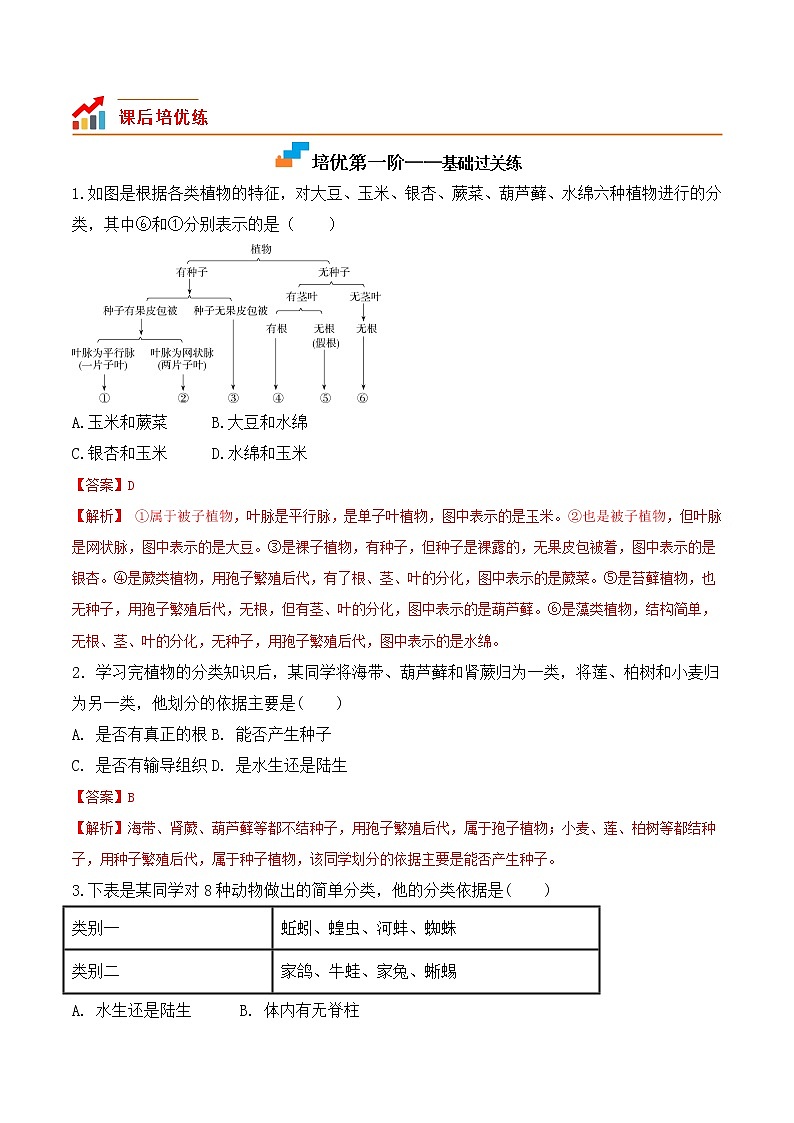6.1.1尝试对生物进行分类-2022-2023学年八年级生物上册课后培优分级练（人教版）03