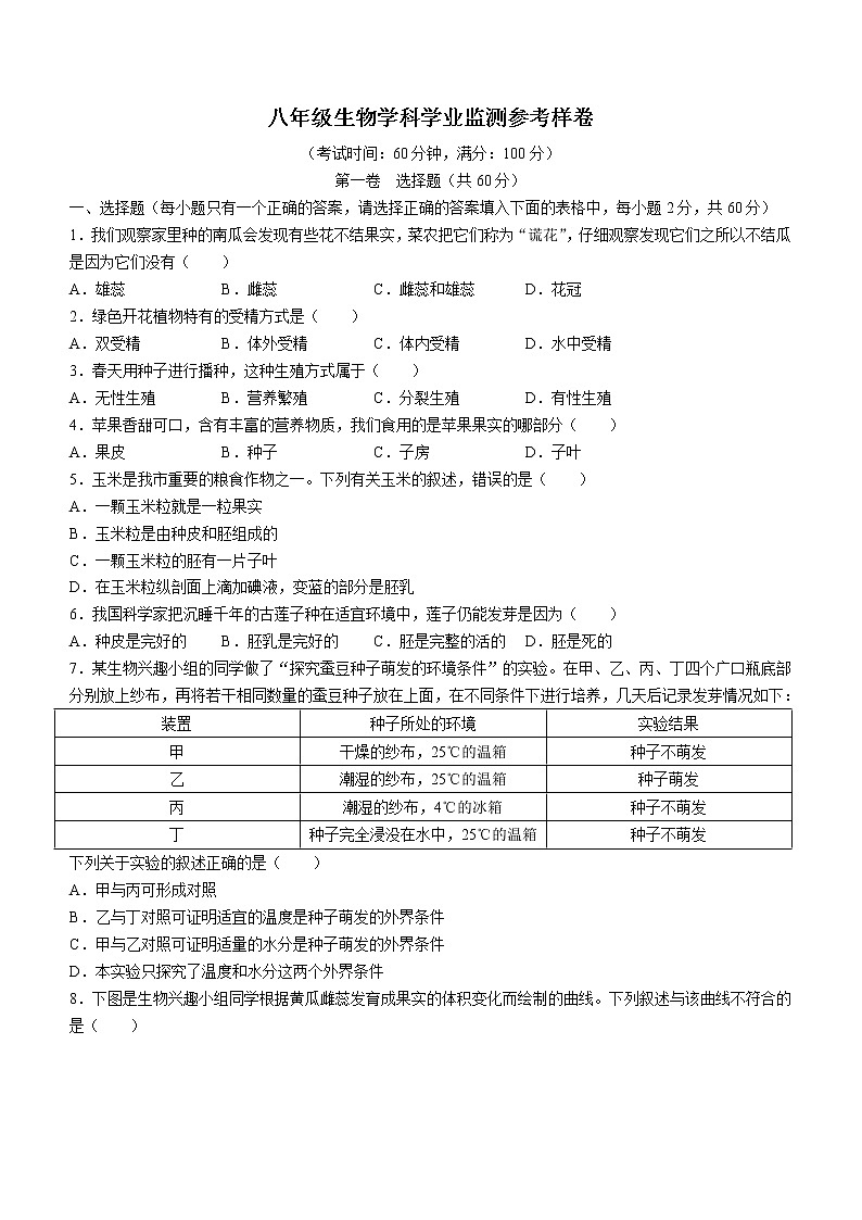 四川省广安市邻水县2021-2022学年八年级上学期期末生物试题(word版含答案)01
