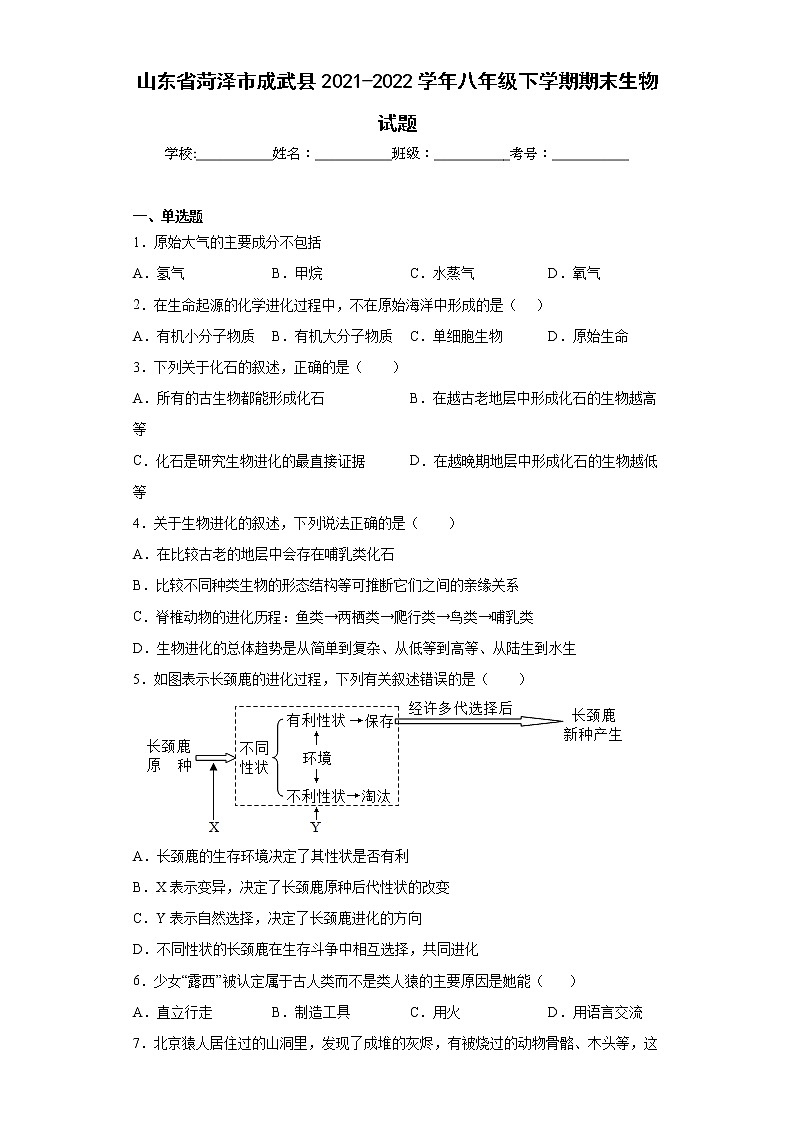 山东省菏泽市成武县2021-2022学年八年级下学期期末生物试题(word版含答案)第1页