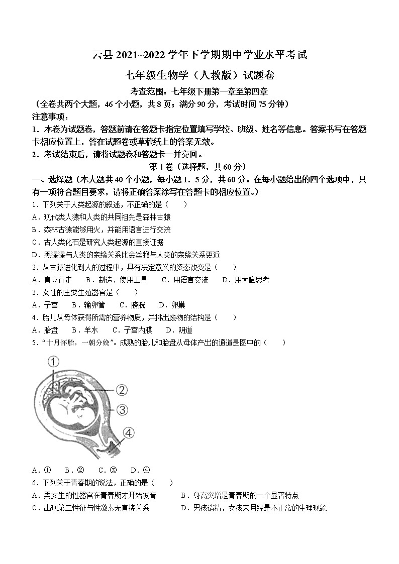 云南省临沧市云县2021-2022学年七年级下学期期中生物试题(word版含答案)第1页