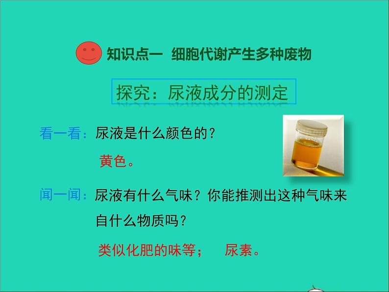 生物北师大版七年级下册同步教学课件第4单元 生物圈中的人第11章人体代谢废物的排出第1节人体产生的代谢废物103