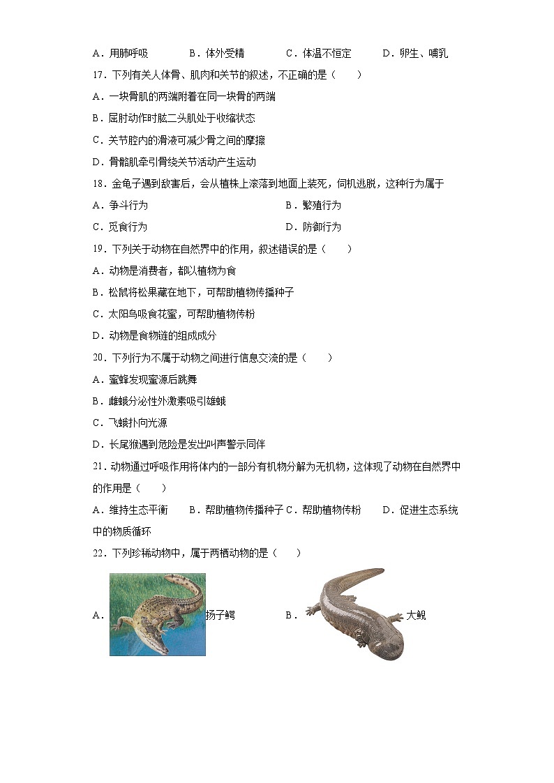 黑龙江省牡丹江市林口县2021-2022学年八年级上学期期末生物试题(含答案)第3页