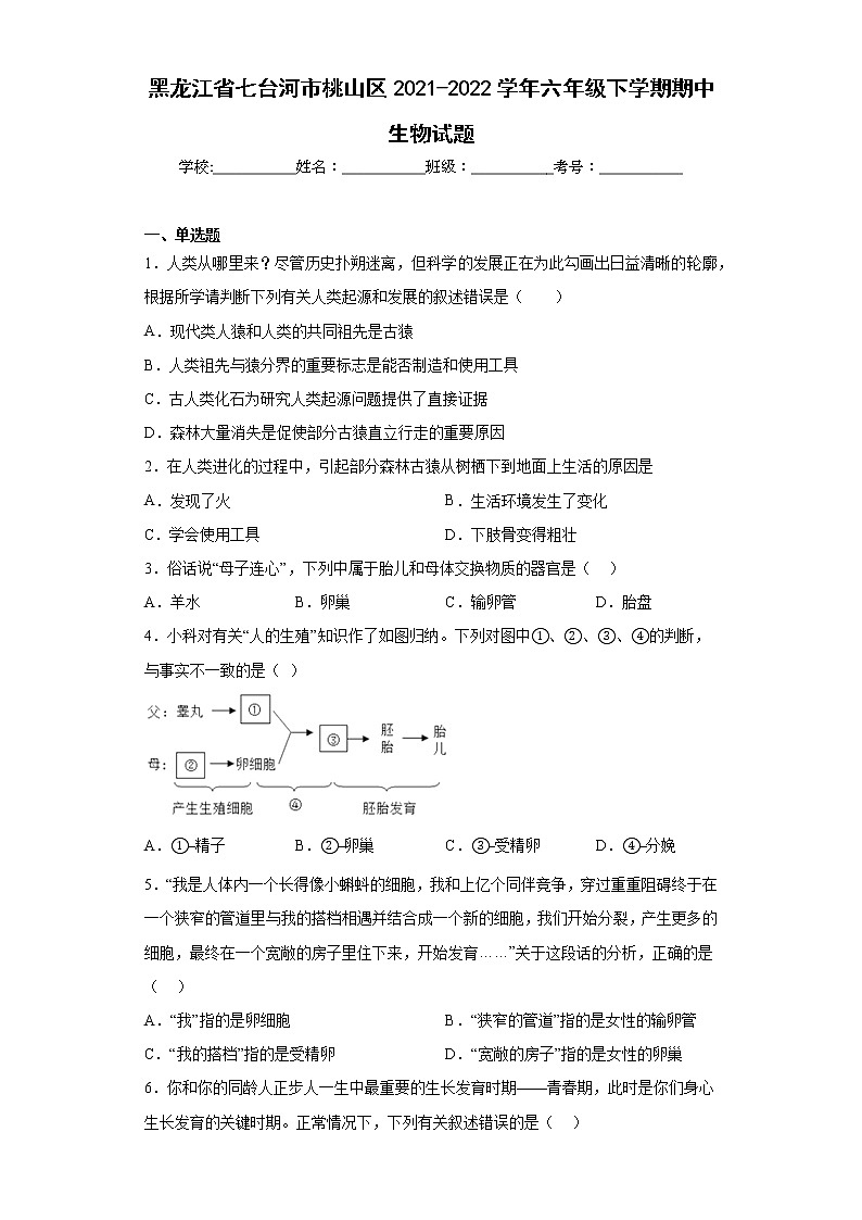 黑龙江省七台河市桃山区2021-2022学年六年级下学期期中生物试题(含答案)01