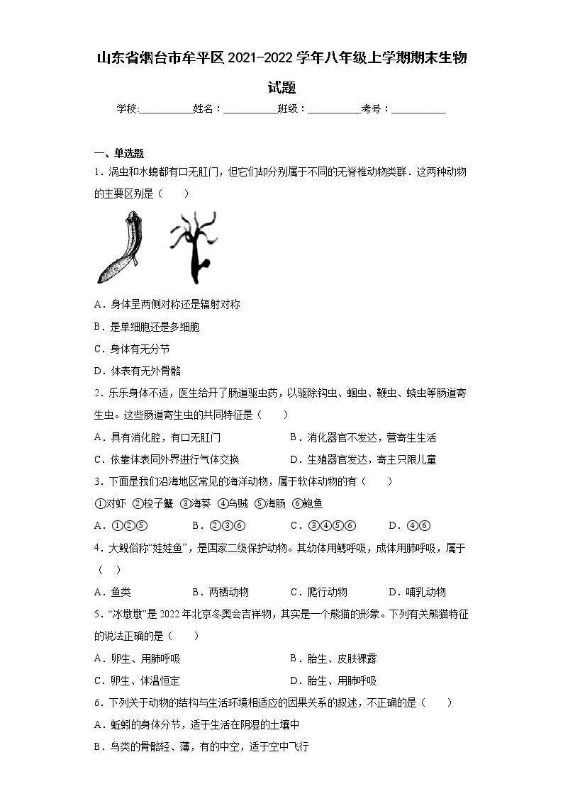 山东省烟台市牟平区2021-2022学年八年级上学期期末生物试题(含答案)01