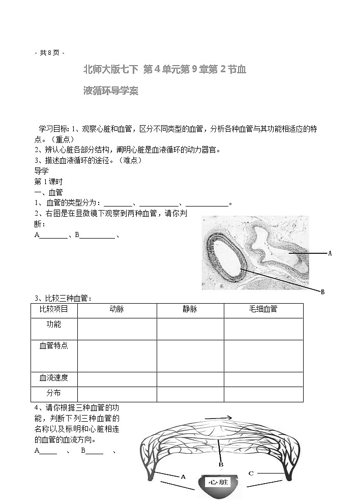 北师大版七下 第4单元第9章第2节血液循环导学案01