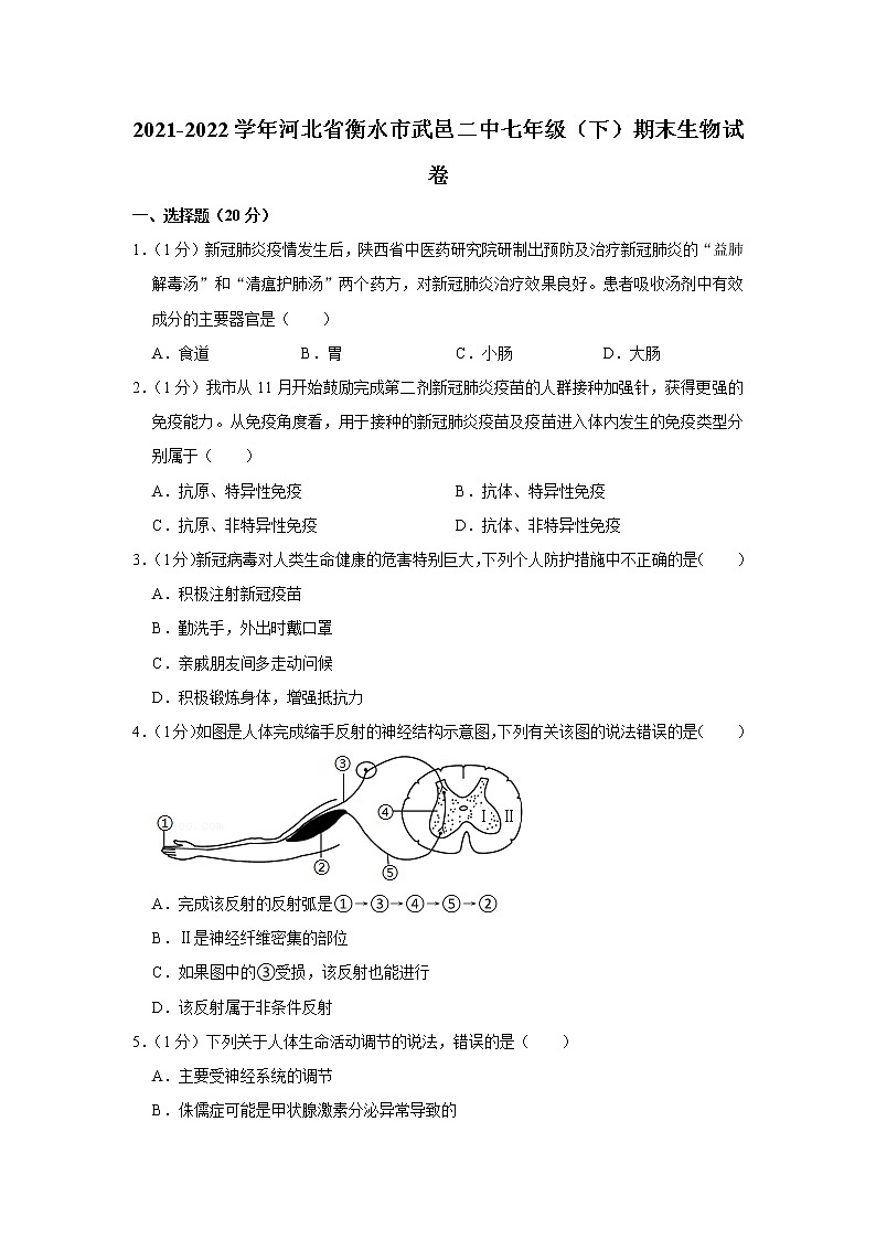 2021-2022学年河北省衡水市武邑二中七年级（下）期末生物试卷(含答案)第1页