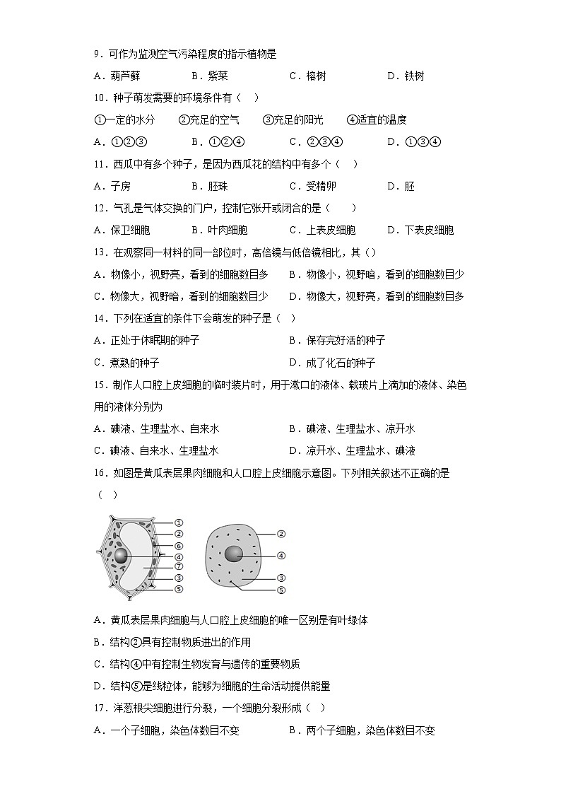 黑龙江省大庆市庆新中学2021-2022学年七年级下学期期中生物试题(含答案)02