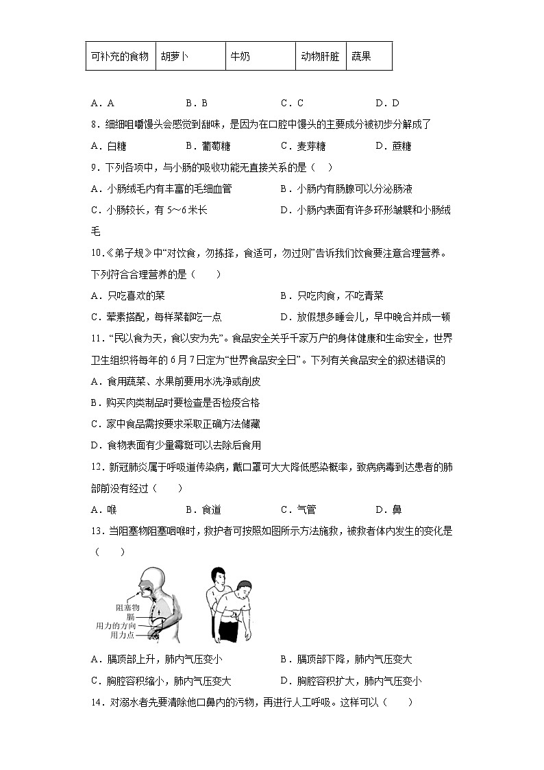 湖南省长沙市浏阳市2021-2022学年七年级下学期期中生物试题(含答案)02