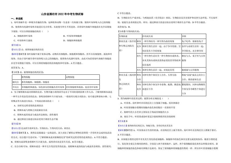 山东省潍坊市2022年中考生物试卷（附解析）第1页