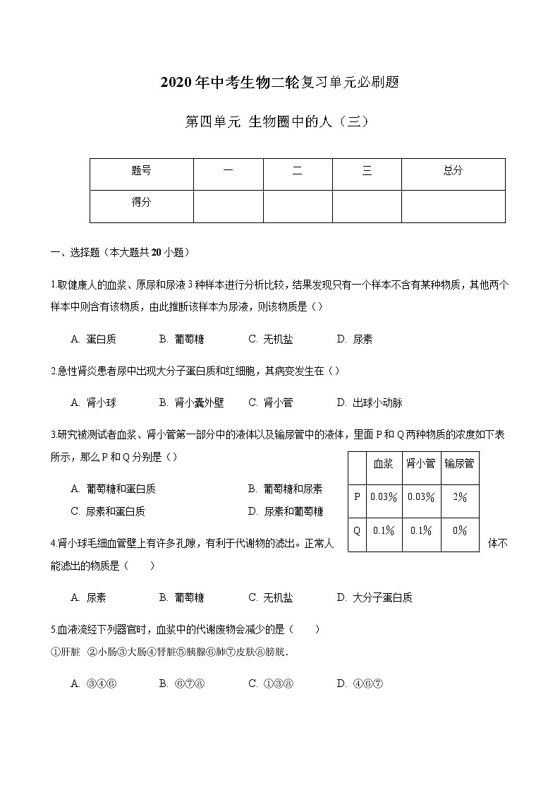 第四单 生物圈中的人（三）-2020年中考生物二轮复习单元必刷题（原卷板）无答案第1页