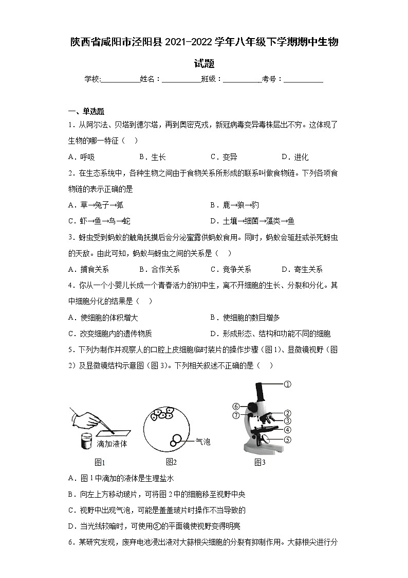 陕西省咸阳市泾阳县2021-2022学年八年级下学期期中生物试题(含答案)第1页