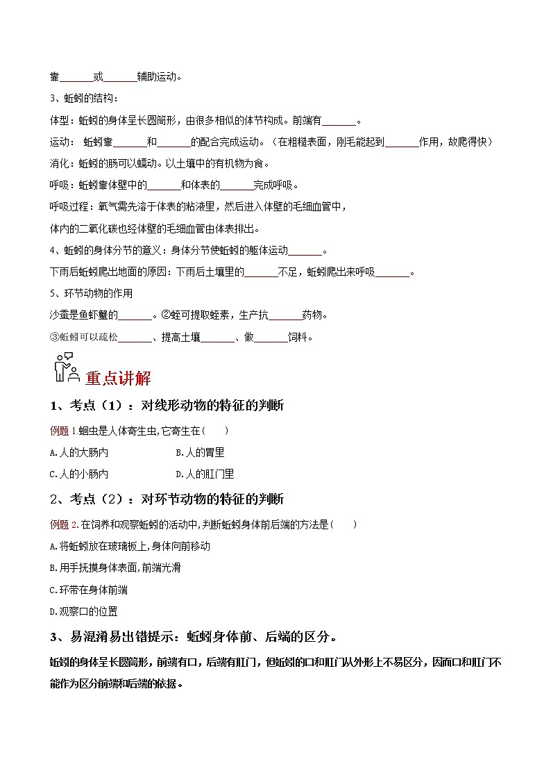 5.1.2 线形动物和环节动物（学生版）- 2022-2023学年八上生物同步精品讲义（人教版）第2页