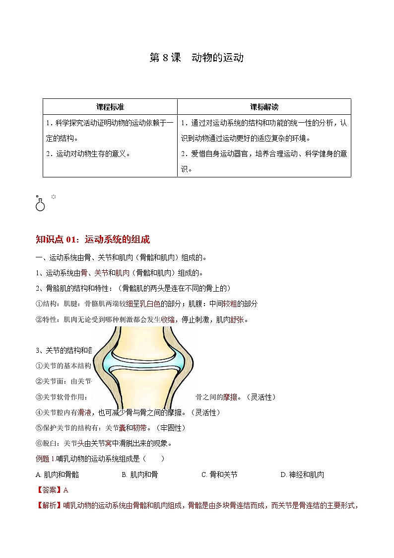 5.2.1 动物的运动（教师版）- 2022-2023学年八上生物同步精品讲义（人教版）第1页