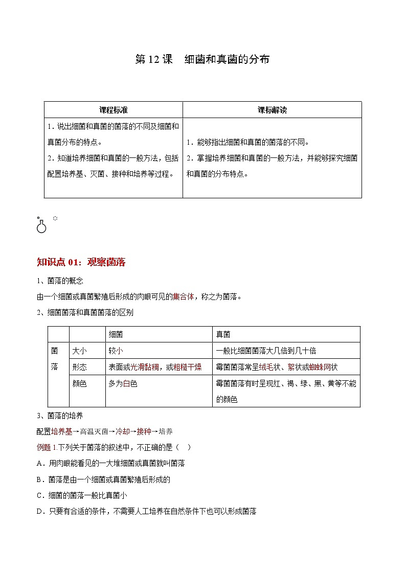 5.4.1 细菌和真菌的分布- 2022-2023学年八年级上册生物同步精品讲义（人教版）01