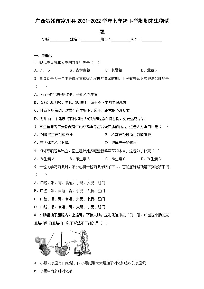 广西贺州市富川县2021-2022学年七年级下学期期末生物试题(含答案)01