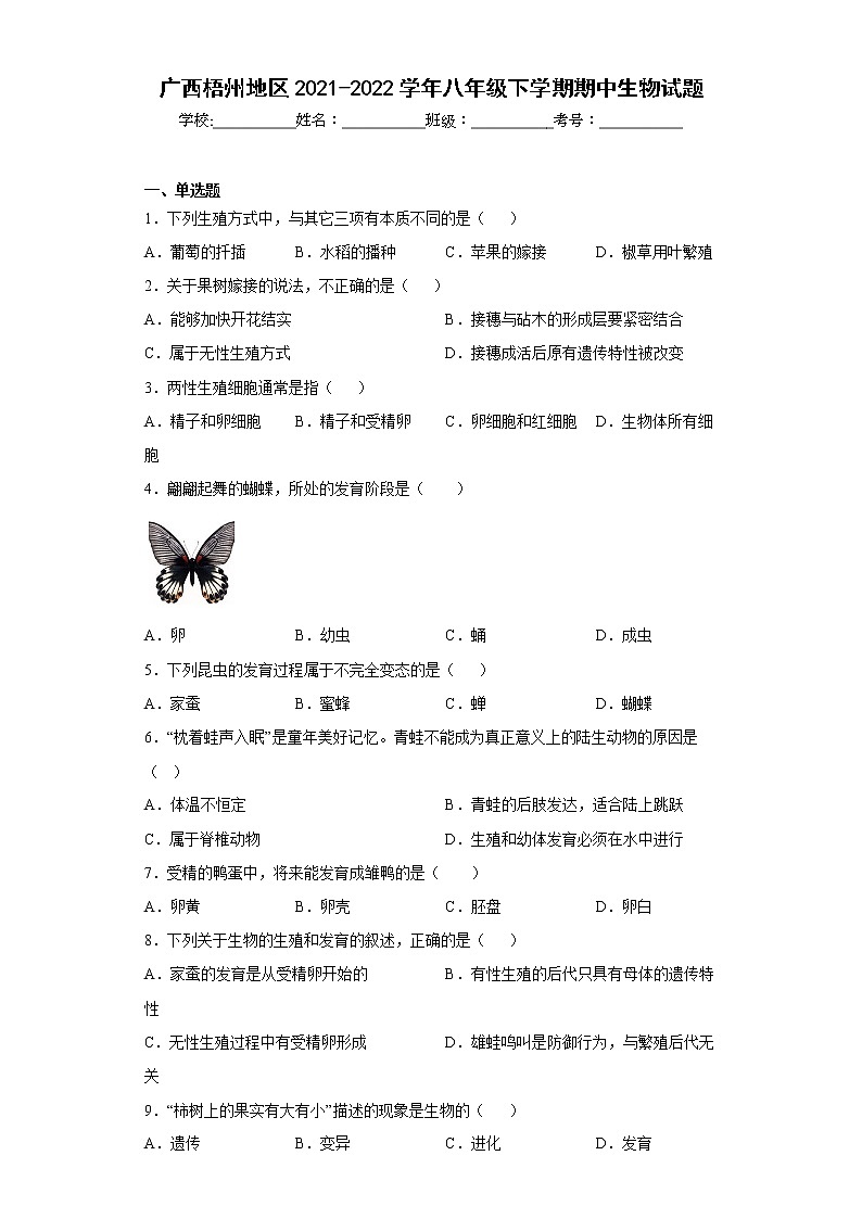 广西梧州地区2021-2022学年八年级下学期期中生物试题(含答案)01