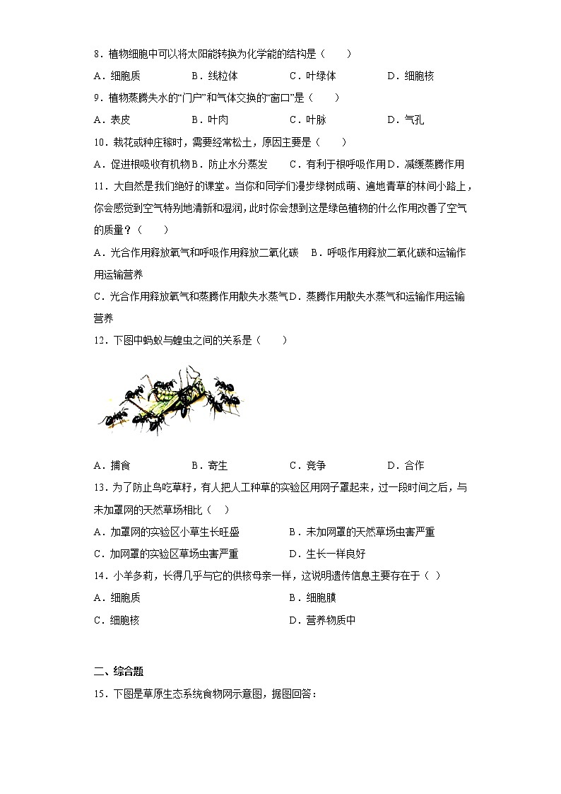 河北省沧州市泊头市2021-2022学年七年级上学期期末生物试题(含答案)02