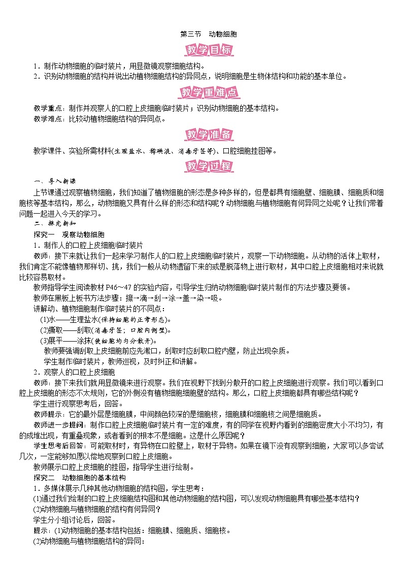人教版七年级生物上册教案 2.1.3 动物细胞01