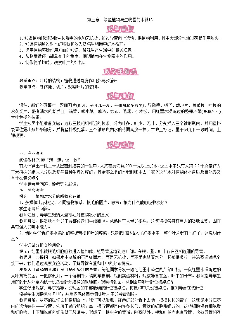 人教版七年级生物上册教案 3.3 绿色植物与生物圈的水循环01