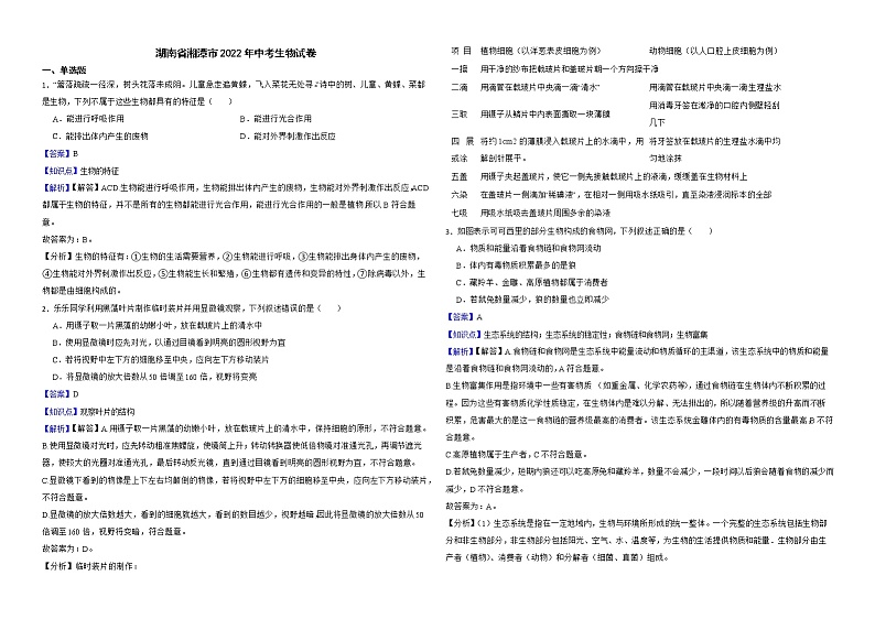 湖南省湘潭市2022年中考生物试卷解析版第1页