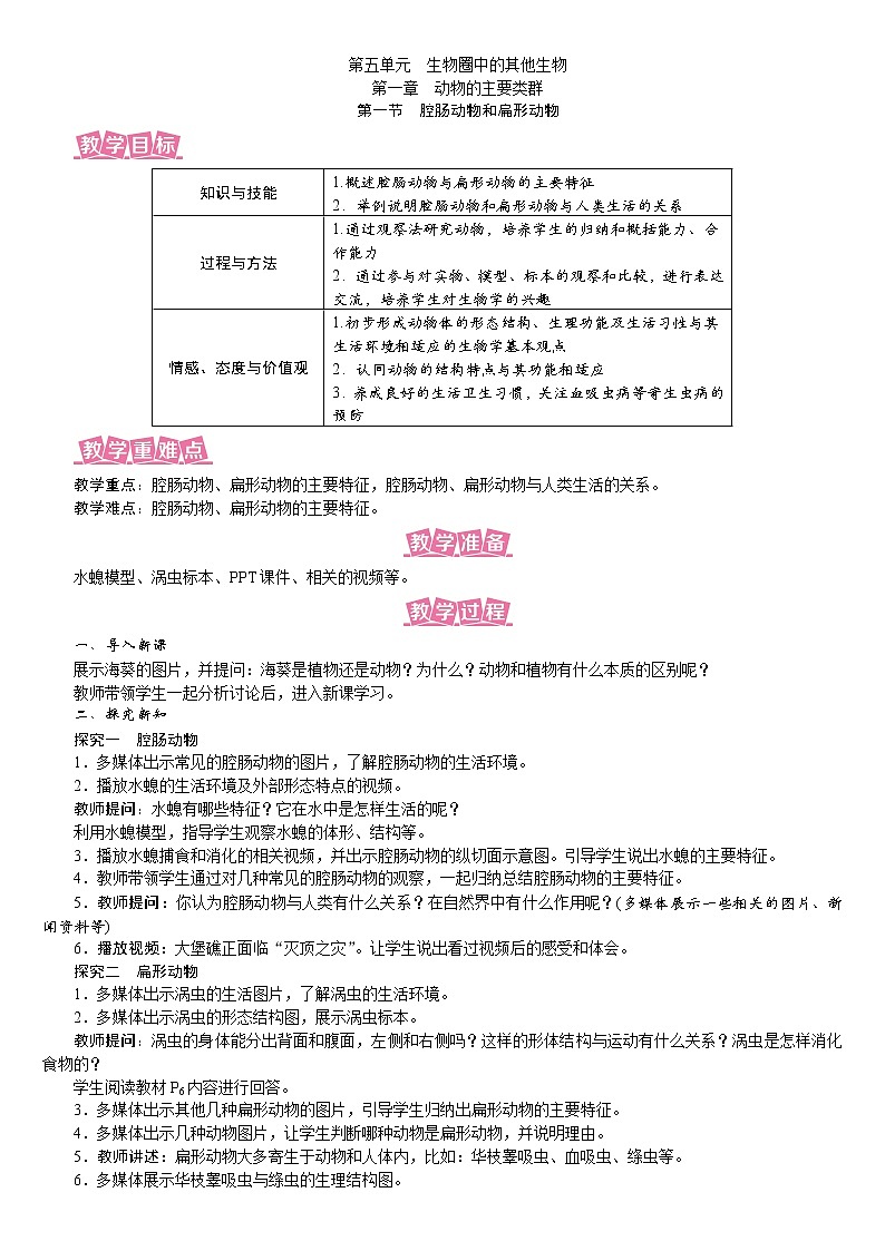 人教版八年级生物上册教案 5.1.1 腔肠动物和扁形动物01
