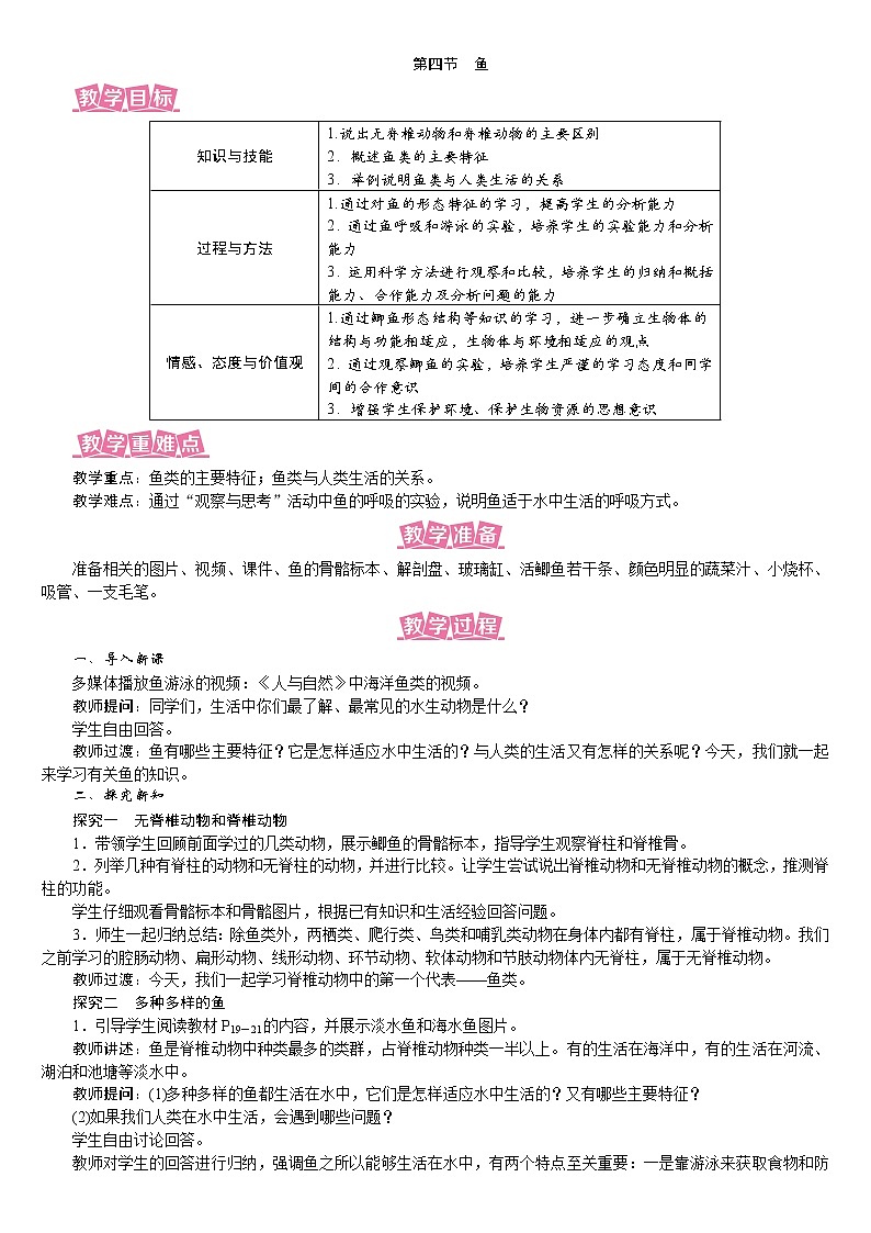 人教版八年级生物上册教案 5.1.4 鱼01