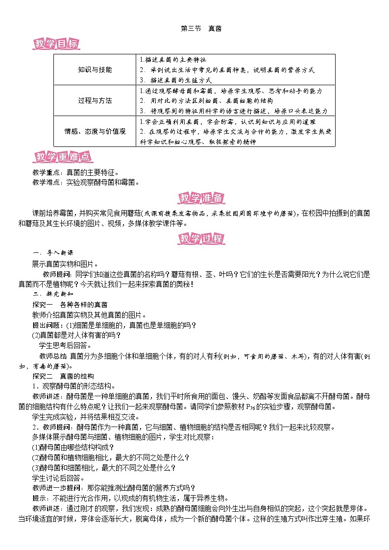 人教版八年级生物上册教案 5.4.3 真菌01