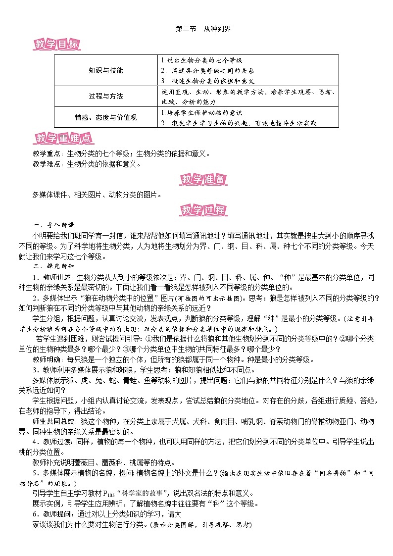 人教版八年级生物上册教案 6.1.2 从种到界01