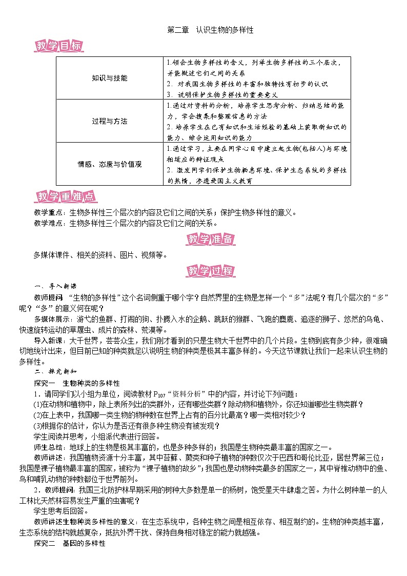 人教版八年级生物上册教案 6.2 认识生物的多样性01
