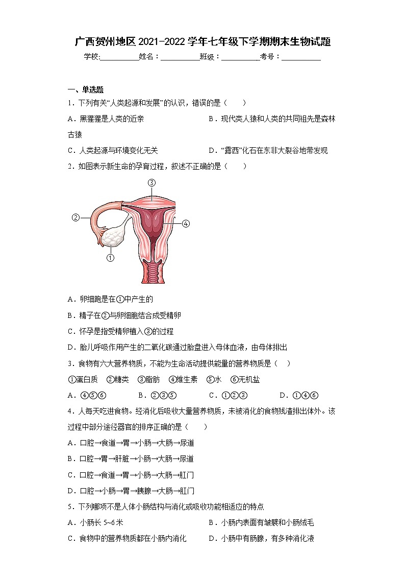 广西贺州地区2021-2022学年七年级下学期期末生物试题(含答案)第1页