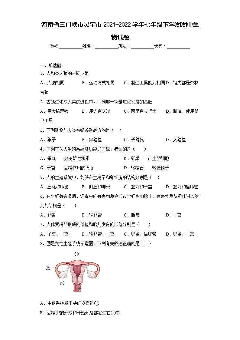 河南省三门峡市灵宝市2021-2022学年七年级下学期期中生物试题(含答案)第1页