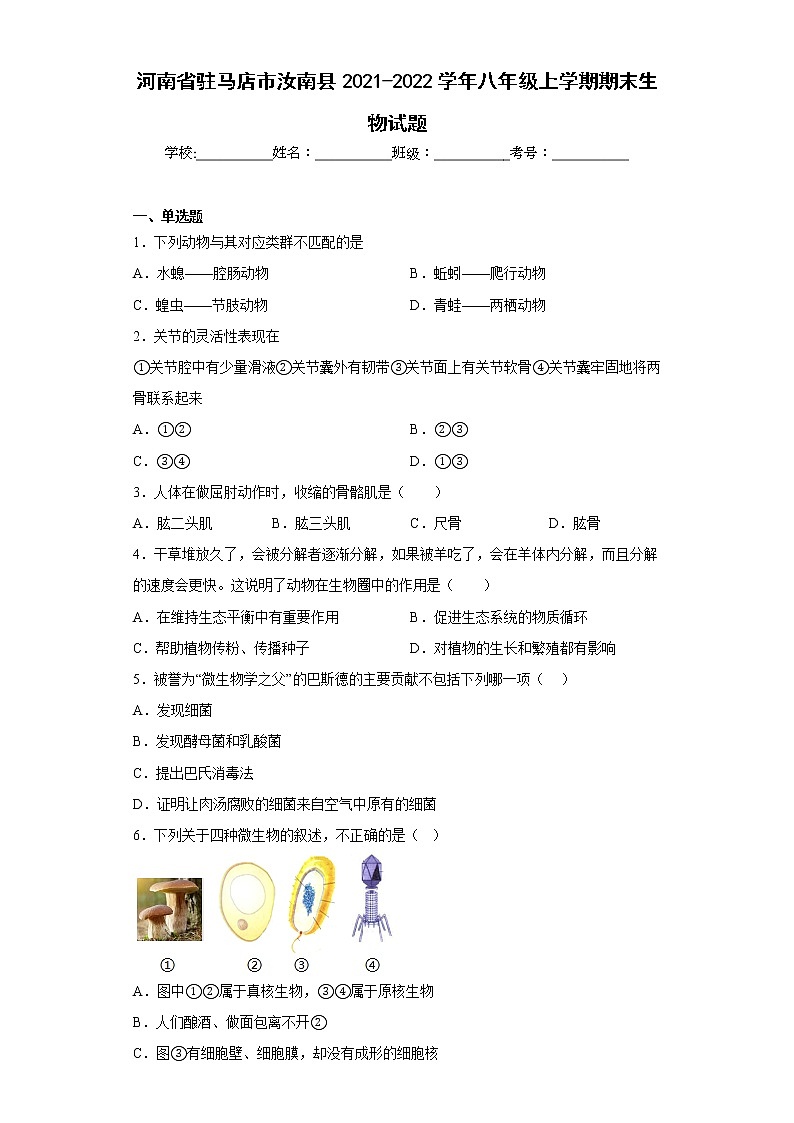 河南省驻马店市汝南县2021-2022学年八年级上学期期末生物试题(含答案)01