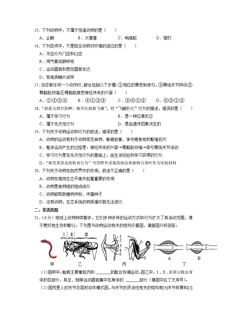 河南省濮阳市华龙高级中学2021-2022学年八年级上学期第一次月考生物试卷03