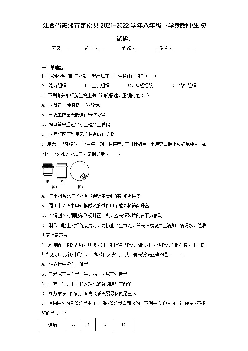 江西省赣州市定南县2021-2022学年八年级下学期期中生物试题(含答案)第1页