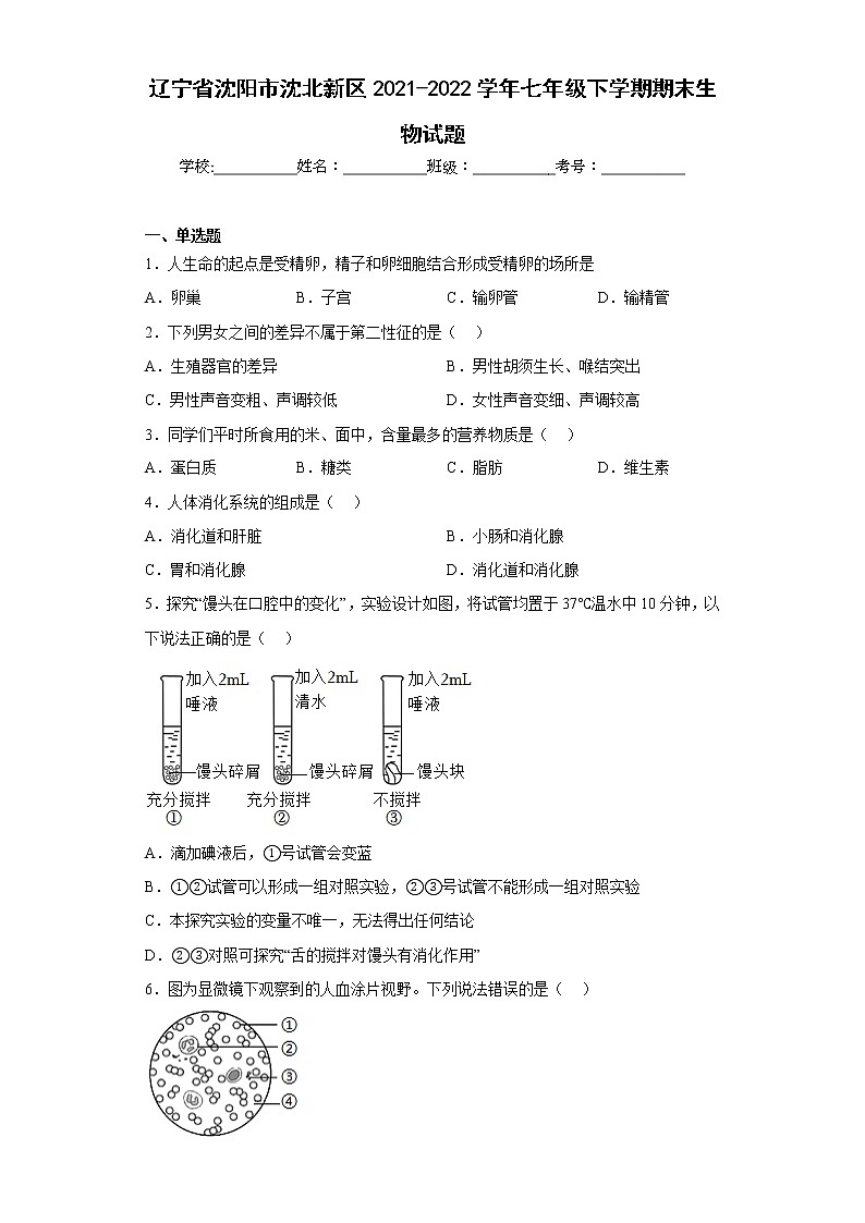 辽宁省沈阳市沈北新区2021-2022学年七年级下学期期末生物试题(含答案)01