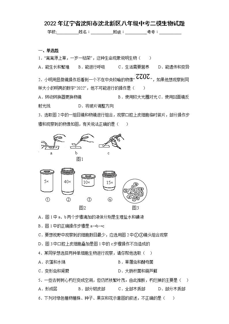 2022年辽宁省沈阳市沈北新区八年级中考二模生物试题(含答案)第1页