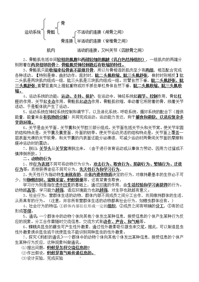 初中生物人教版八年级上册全册必考知识点整理汇总（分单元编排）03