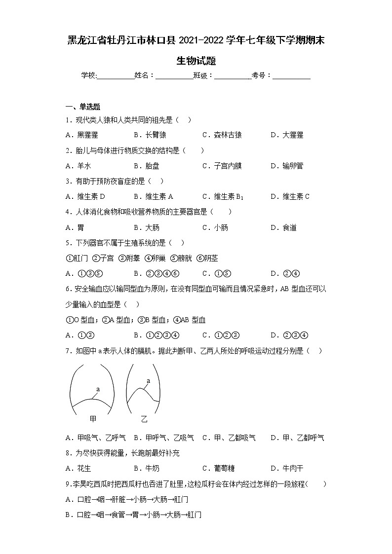 黑龙江省牡丹江市林口县2021-2022学年七年级下学期期末生物试题(含答案)第1页